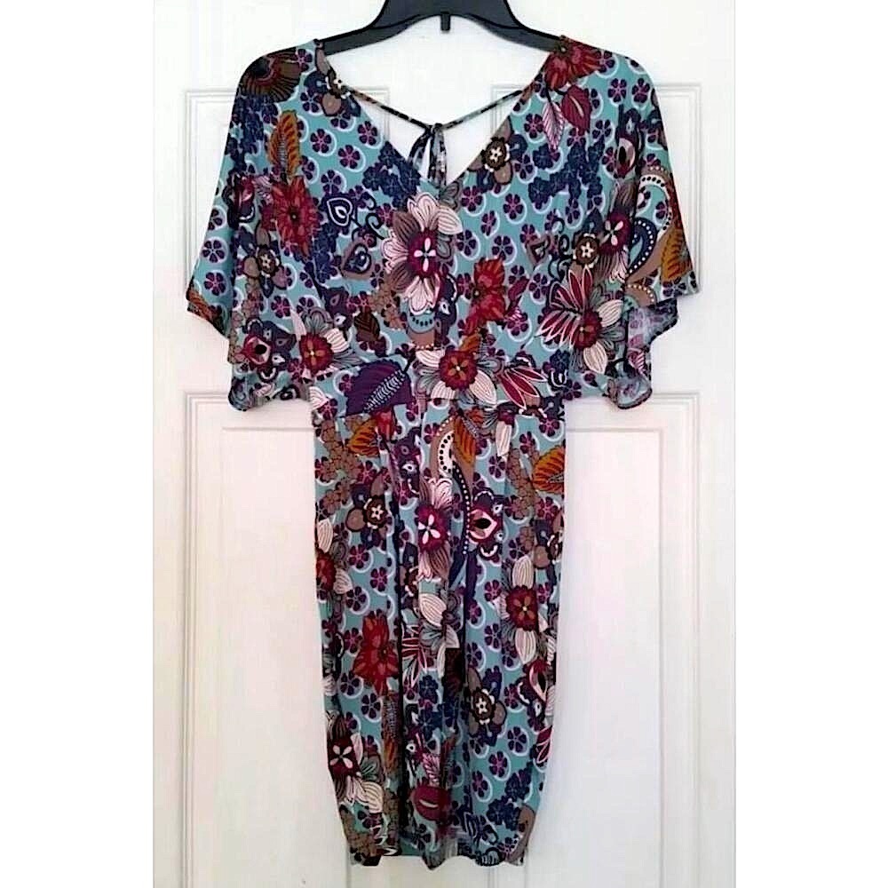 NEW My Story Modcloth Aqua Blue Floral Boho Batwing V-Neck & Back Mini Dress S